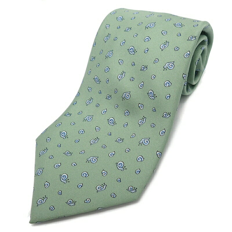 HERMES エルメス ネクタイ シルク100% カタツムリ モチーフ総柄 グリーン系 【中古】【k】