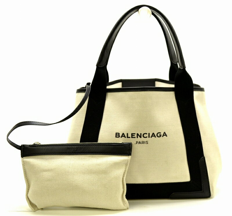 【バッグ】BALENCIAGA バレンシアガ ネイビーカバス トートバッグ ミニトート キャンバス レザー ポーチ付 黒 ブラック ナチュラル 339933 【中古】【k】【Blumin/森田質店】【質屋出店】のサムネイル