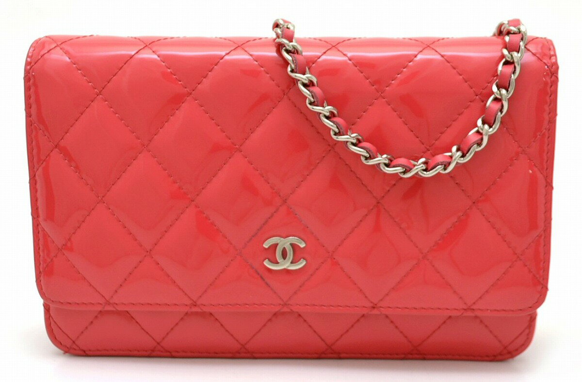 【未使用品】【財布】CHANEL シャネル マトラッセ チェーンウォレット チェーンショルダーバッグ パテント エナメル レザー ココマーク ピンク シルバー金具 A33814 【中古】【k】