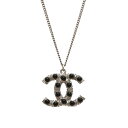 【ジュエリー】CHANEL シャネル ココマーク ネックレス ペンダント メタル ラインストーン ブラックストーン シルバー 08C 【中古】