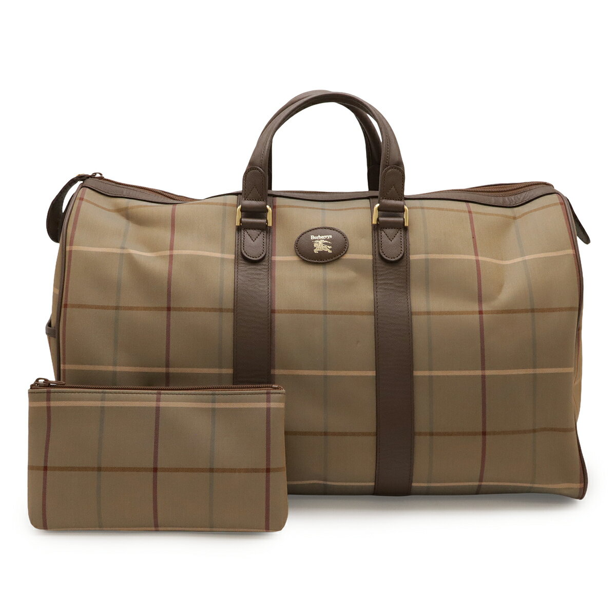 BURBERRY バーバリー Burberrys バーバリーズ チェック柄 ボストンバッグ ハンドバッグ トラベルバッグ 旅行 キャンバス カーキ ブラウン ポーチ付 【中古】