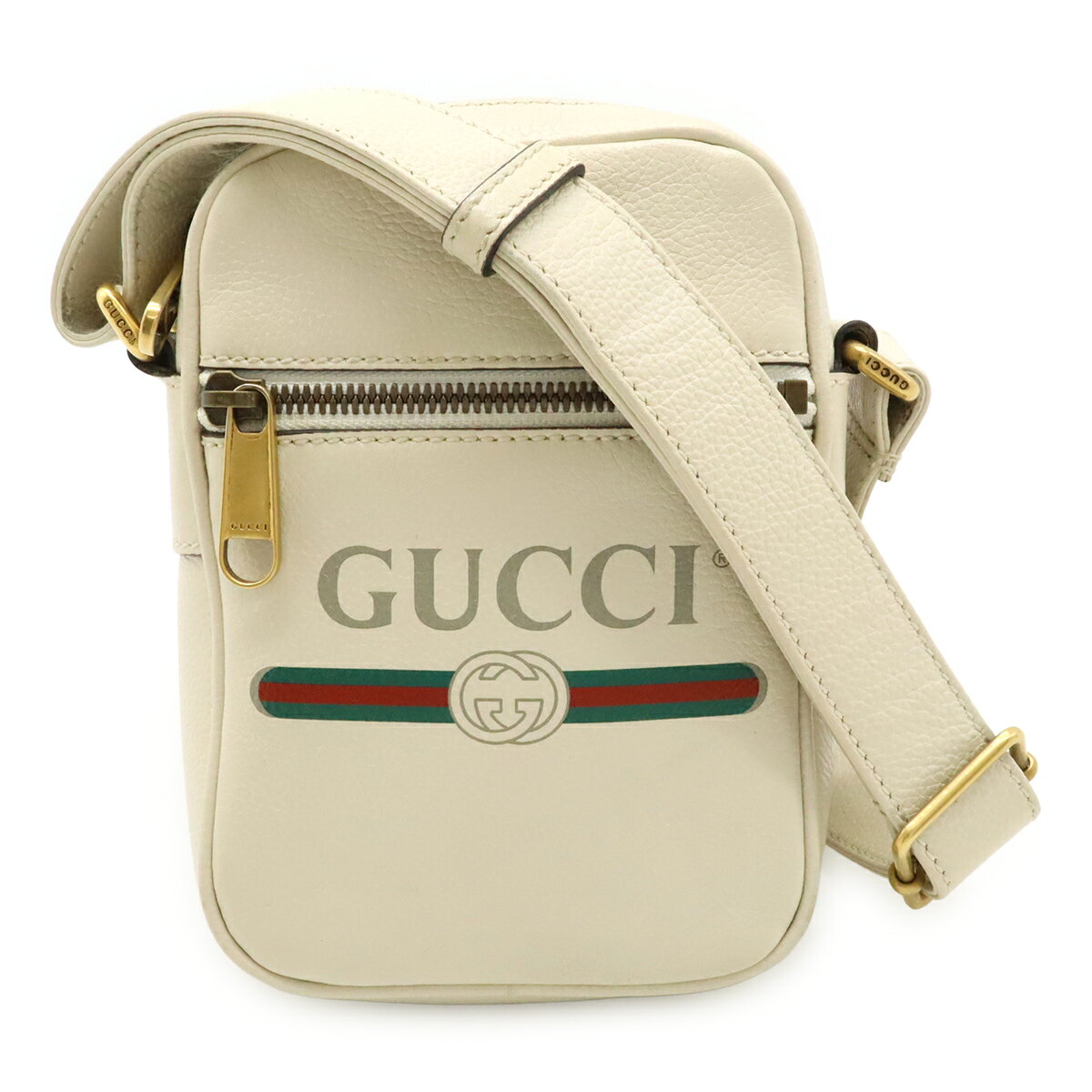 GUCCI - GUCCI グッチ グッチプリント ロゴ ショルダーバッグ ポシェット 斜め掛け レザー アイボリー ゴールド金具 574803 【中古】