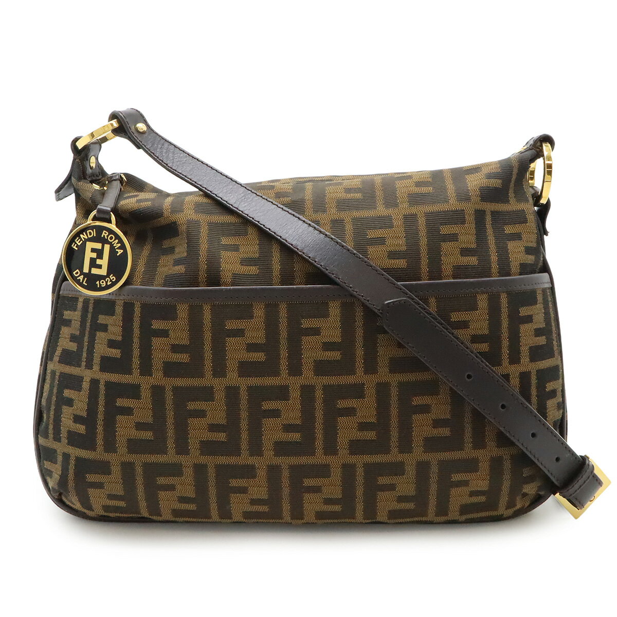 FENDI - FENDI フェンディ ズッカ柄 ショルダーバッグ 斜め掛け ナイロンキャンバス レザー カーキブラウン ダークブラウン ゴールド金具 8BT190 【中古】