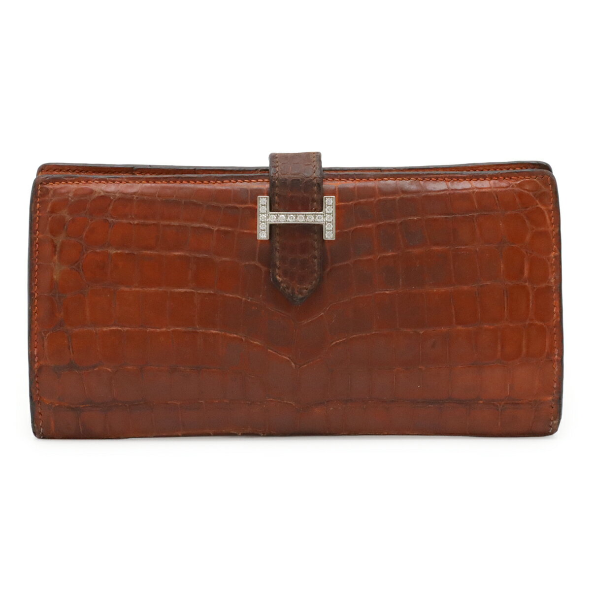 HERMES エルメス ベアン クラシック 2つ折長財布 二つ折り クロコダイル ニロティカス ワニ革 ダイヤモンド K18WG パンデピス オレンジ系 □I刻印 【中古】
