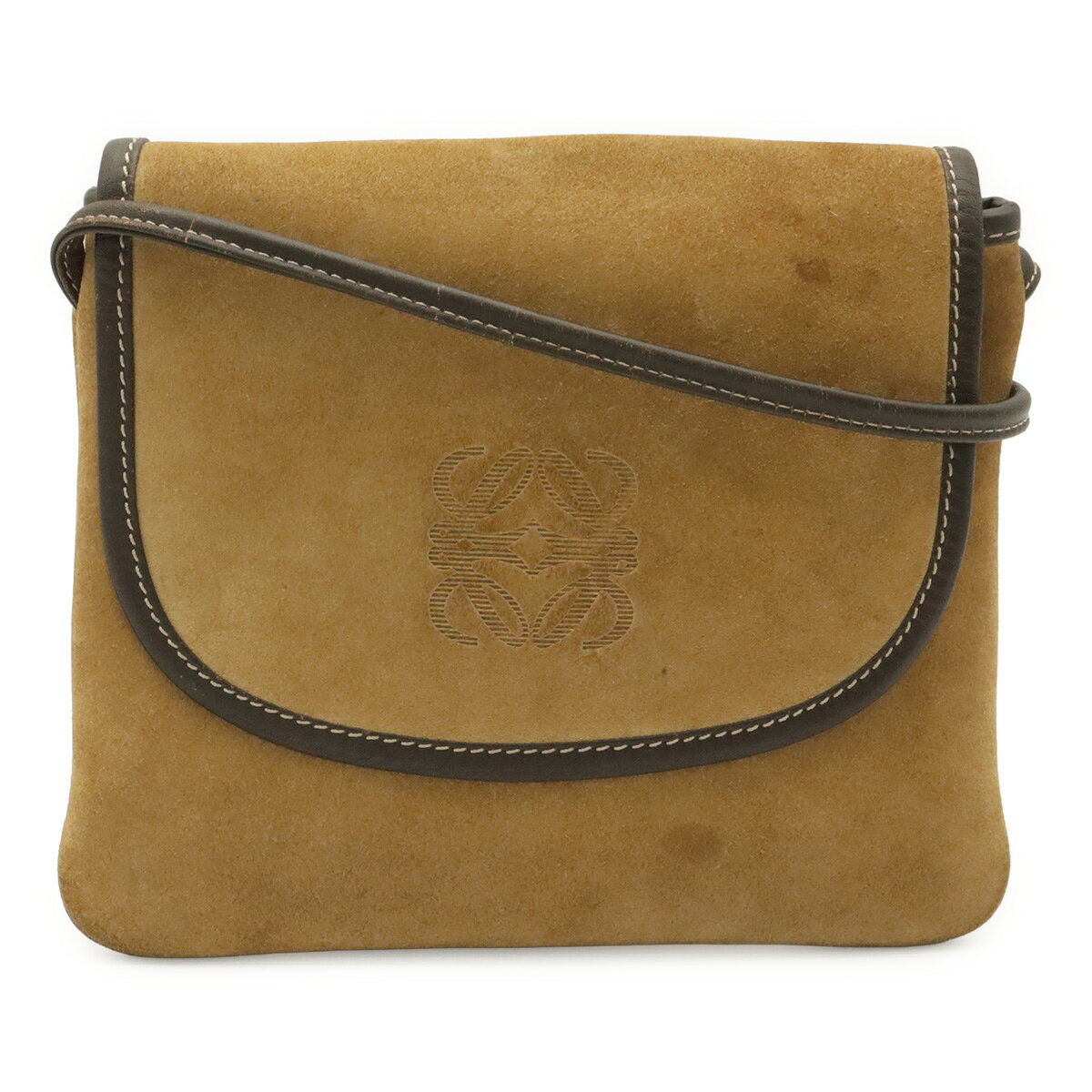 LOEWE ロエベ ヴィンテージ アナグラム ショルダーバッグ ポシェット 斜め掛け スエード レザー ライトカーキ系 ダークブラウン ゴールド金具 【中古】