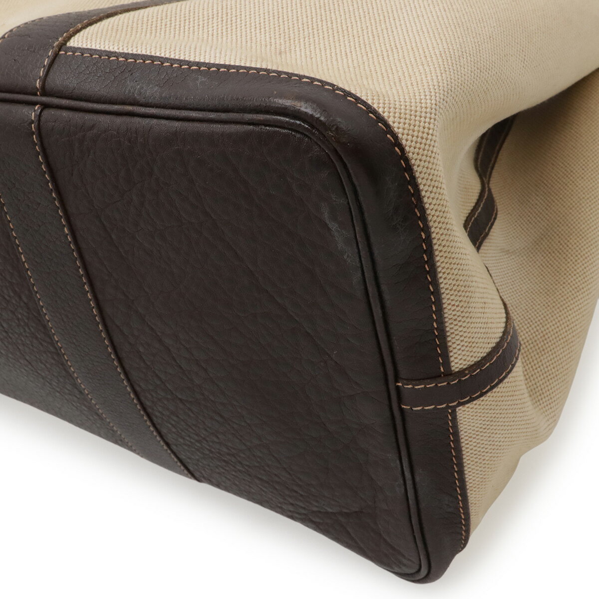 HERMES エルメス ガーデンパーティMM トートバッグ ハンドバッグ ショルダートート トワルアッシュ レザー ベージュ ダークブラウン □H刻印 【中古】