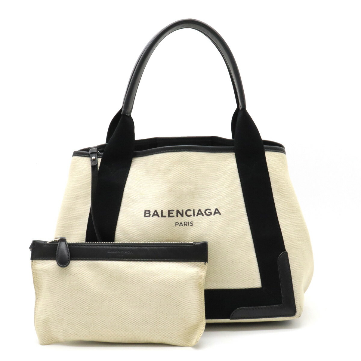 【バッグ】BALENCIAGA バレンシアガ ネイビーカバ S ロゴ トートバッグ ハンドバッグ キャンバス レザー ナチュラル 黒 ブラック ポーチ付き 339933 【中古】