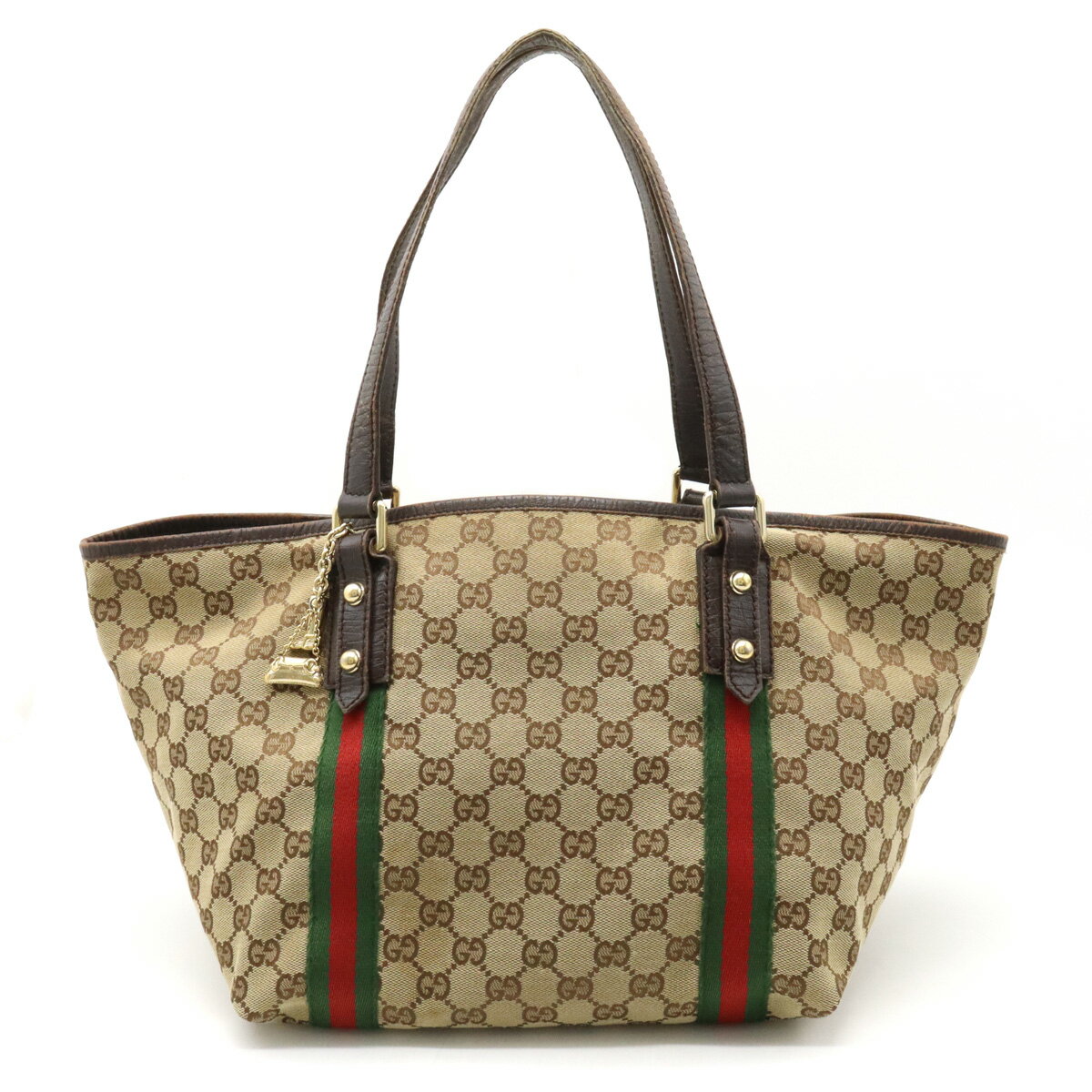 【バッグ】GUCCI グッチ GGキャンバス シェリーライン トートバッグ ショルダーバッグ 肩掛け カーキベージュ 赤 ダークブラウン 茶 チャーム付 139260 【中古】