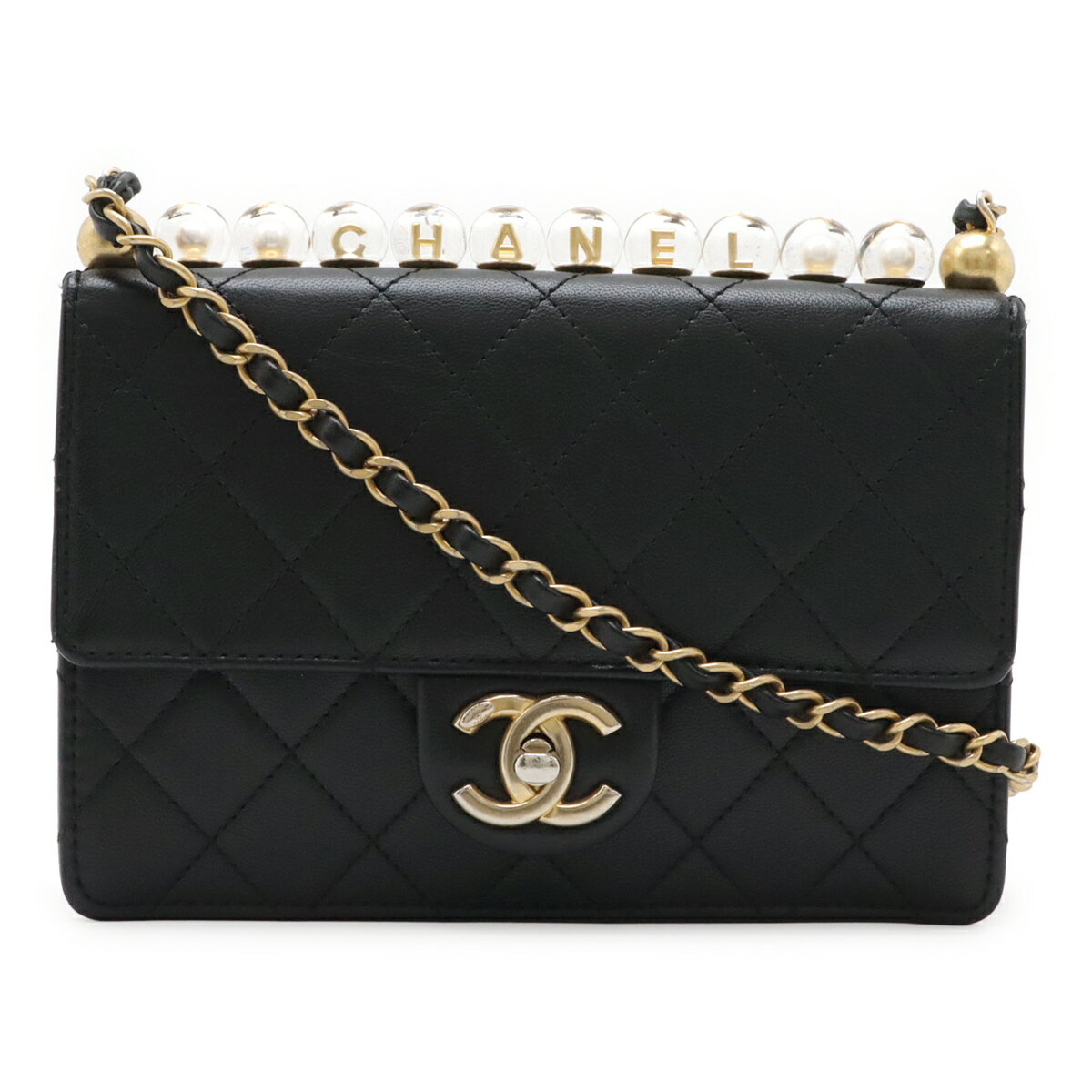 CHANEL シャネル マトラッセ ココマーク クリアパール チェーンショルダーバッグ フラップバッグ ゴートスキン ブラック 黒 ゴールド金具 AS0585 