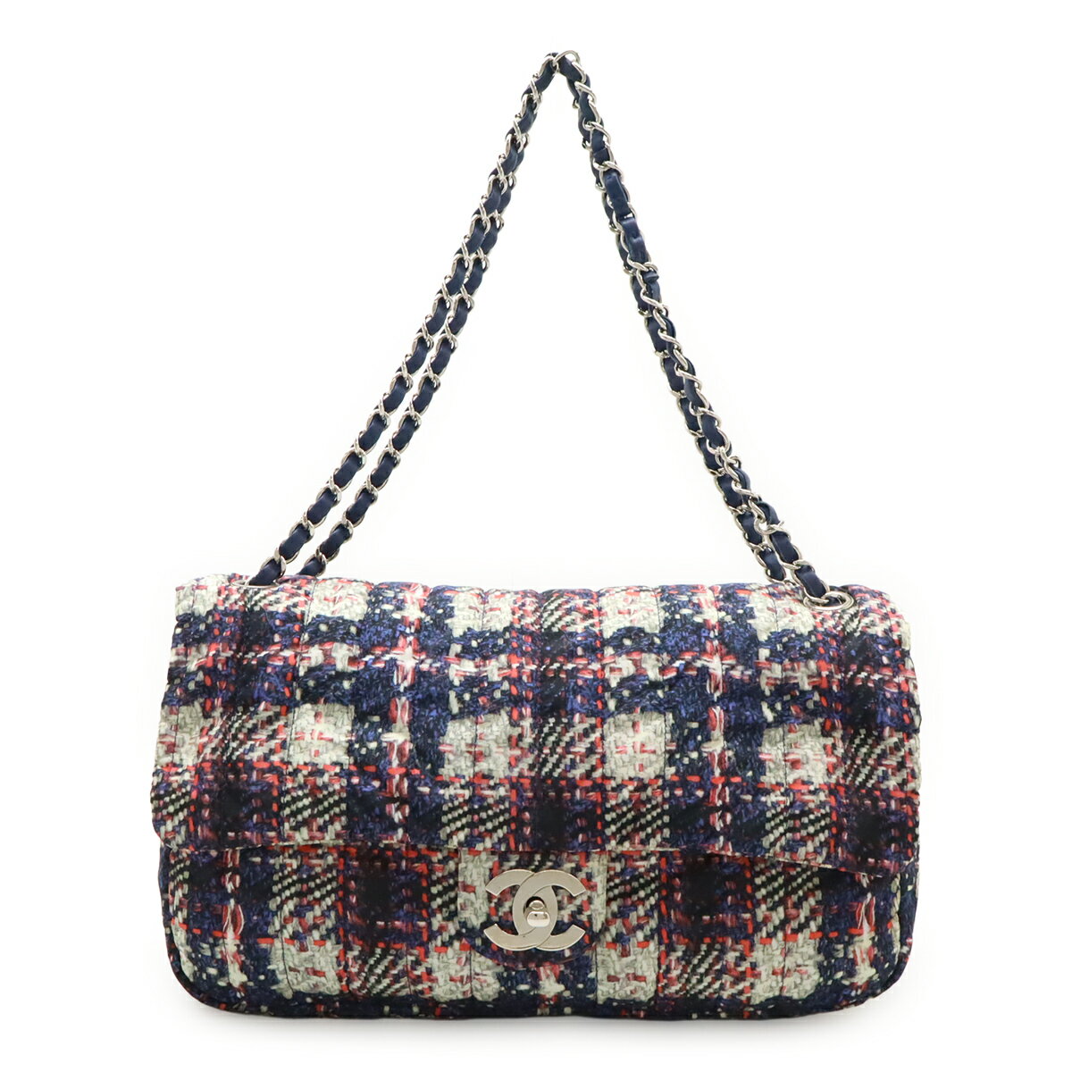 Rakuten - CHANEL シャネル ツイードプリント ココマーク チェーンショルダー ショルダーバッグ ナイロン ネイビー 紺 シルバー金具 ポーチ欠品 A66457 【中古】