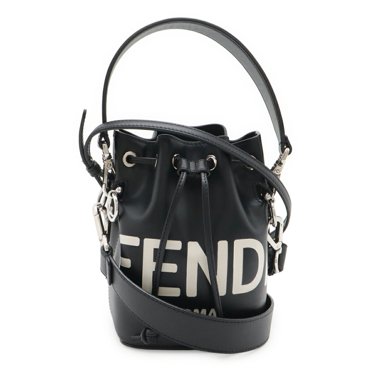 Rakuten - FENDI フェンディ ロゴ モン トレゾール ハンドバッグ ミニバッグ 巾着型 2WAY ショルダーバッグ レザー ブラック 黒 シルバー金具 8BS010 【中古】