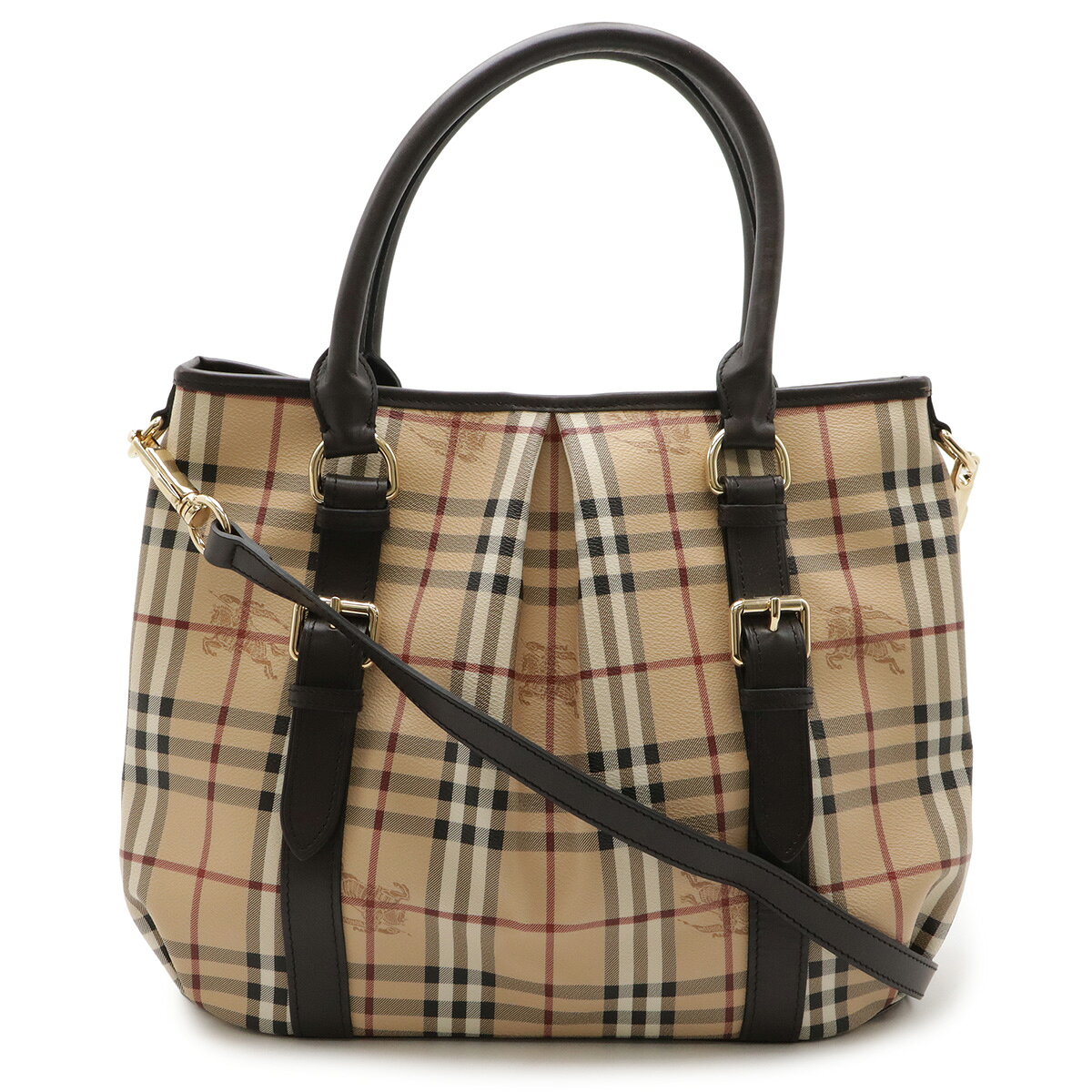 BURBERRY バーバリー ノバチェック チェック柄 トートバッグ 2WAY ショルダーバッグ 肩掛け PVC レザー ベージュ ダークブラウン ゴールド金具 【中古】