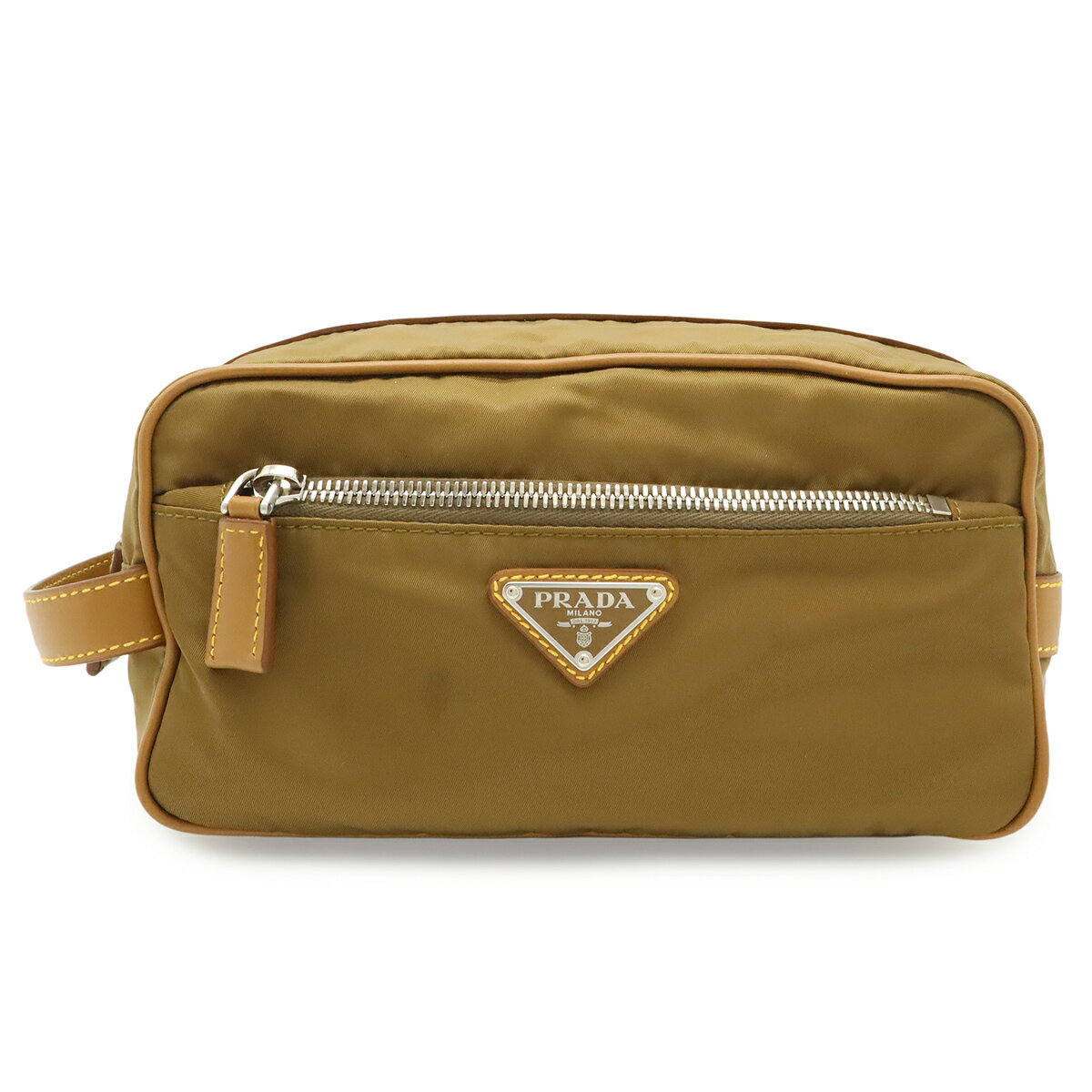 PRADA - PRADA プラダ Re-Nylon リナイロン トライアングルロゴ クラッチバッグ ハンドバッグ ポーチ ナイロン ブラウン 茶 シルバー金具 【中古】