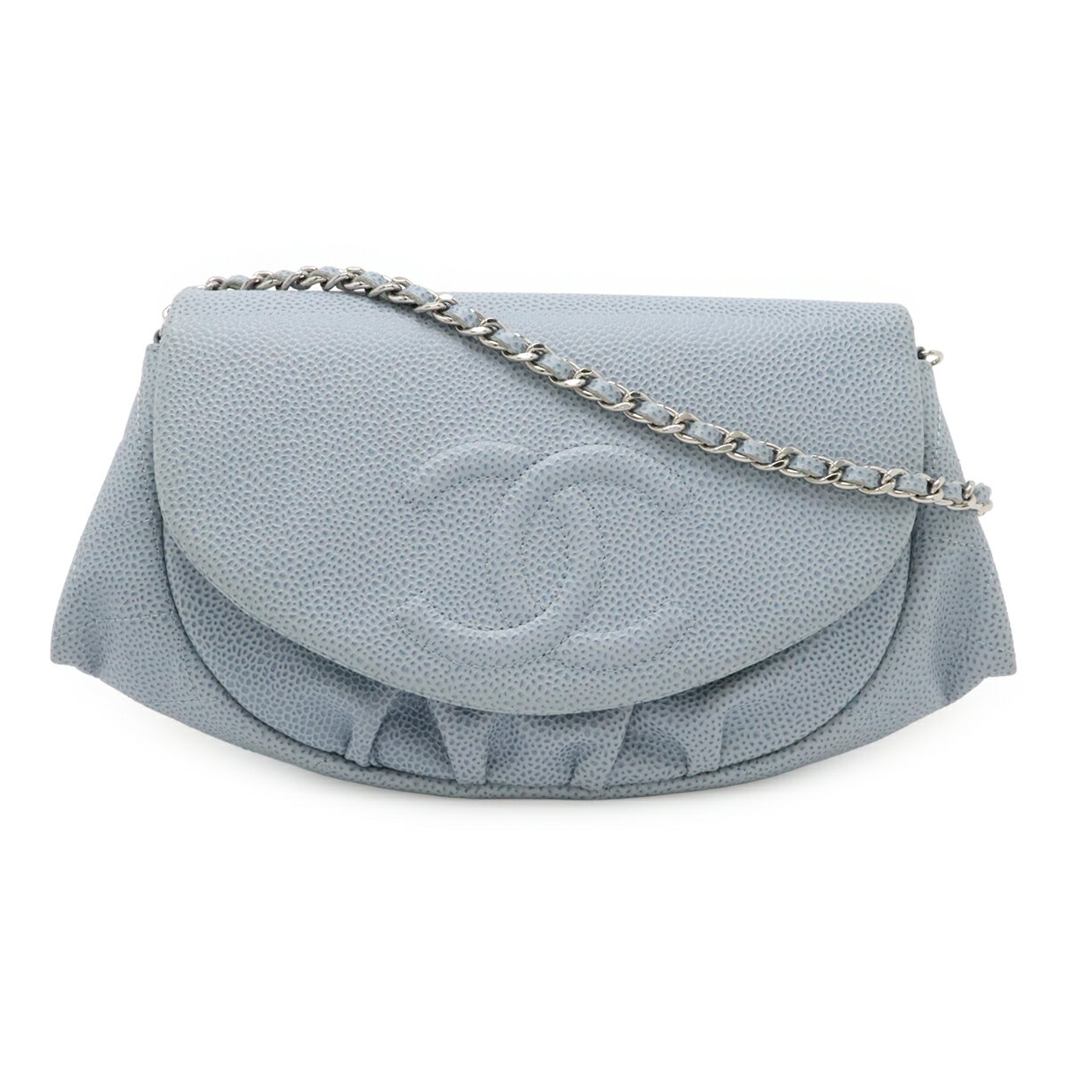 Rakuten - CHANEL シャネル ハーフムーン ココマーク チェーンウォレット ショルダーバッグ ポシェット キャビアスキン ライトブルー シルバー金具 A40033 【中古】