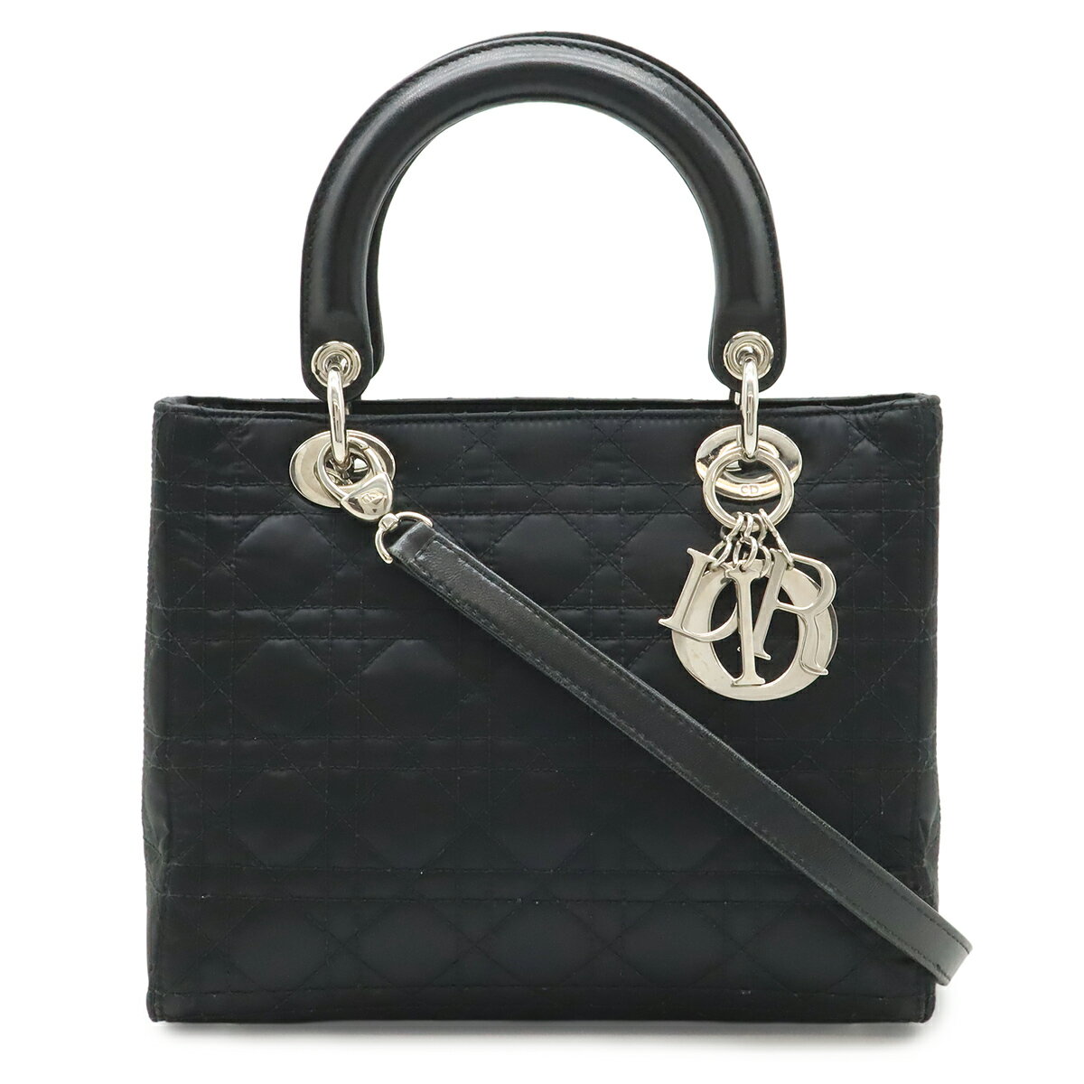 Christian Dior クリスチャン ディオール レディディオール カナージュ ハンドバッグ 2WAY ショルダーバッグ サテン レザー ブラック 黒 【中古】