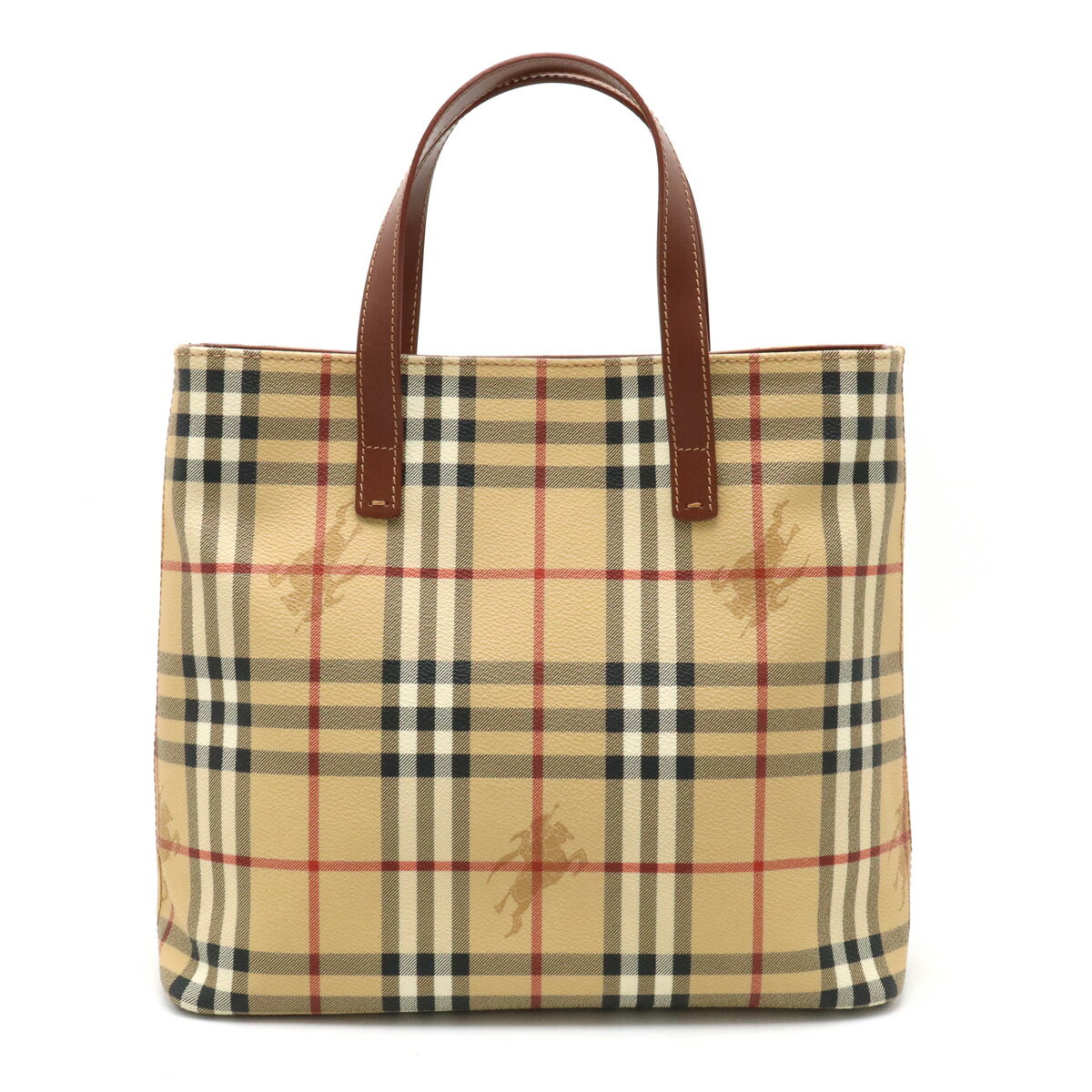 【バッグ】BURBERRY バーバリー ノバチェック チェック柄 ハンドバッグ トートバッグ PVC レザー ベージュ ブラウン 茶 レッド 赤 【中古】