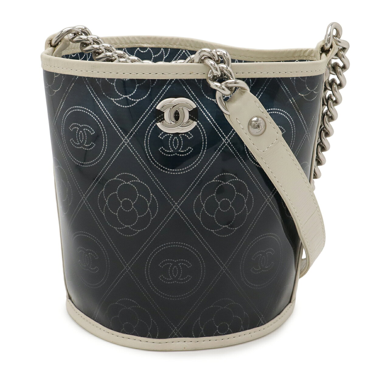 Rakuten - CHANEL シャネル カメリア ココマーク ビニール バスケットバッグ チェーンショルダーバッグ レザー ブラック 黒 アイボリー シルバー金具 A57636 【中古】