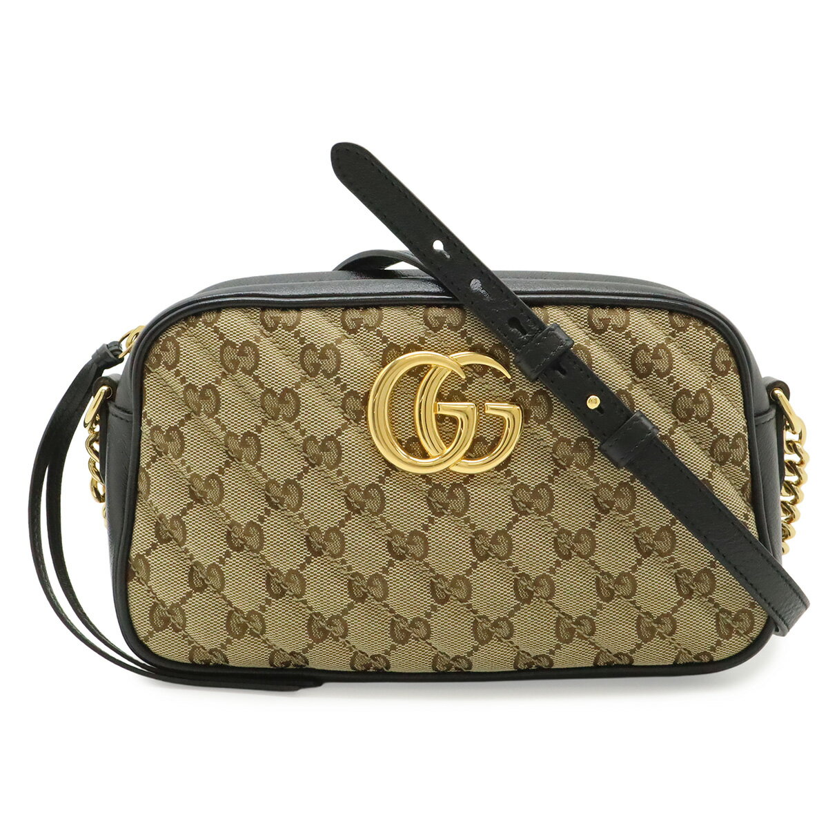 Rakuten - GUCCI グッチ GGマーモント GGキャンバス ショルダーバッグ ポシェット チェーンバッグ キルティング ベージュ ブラック ゴールド金具 447632 【中古】
