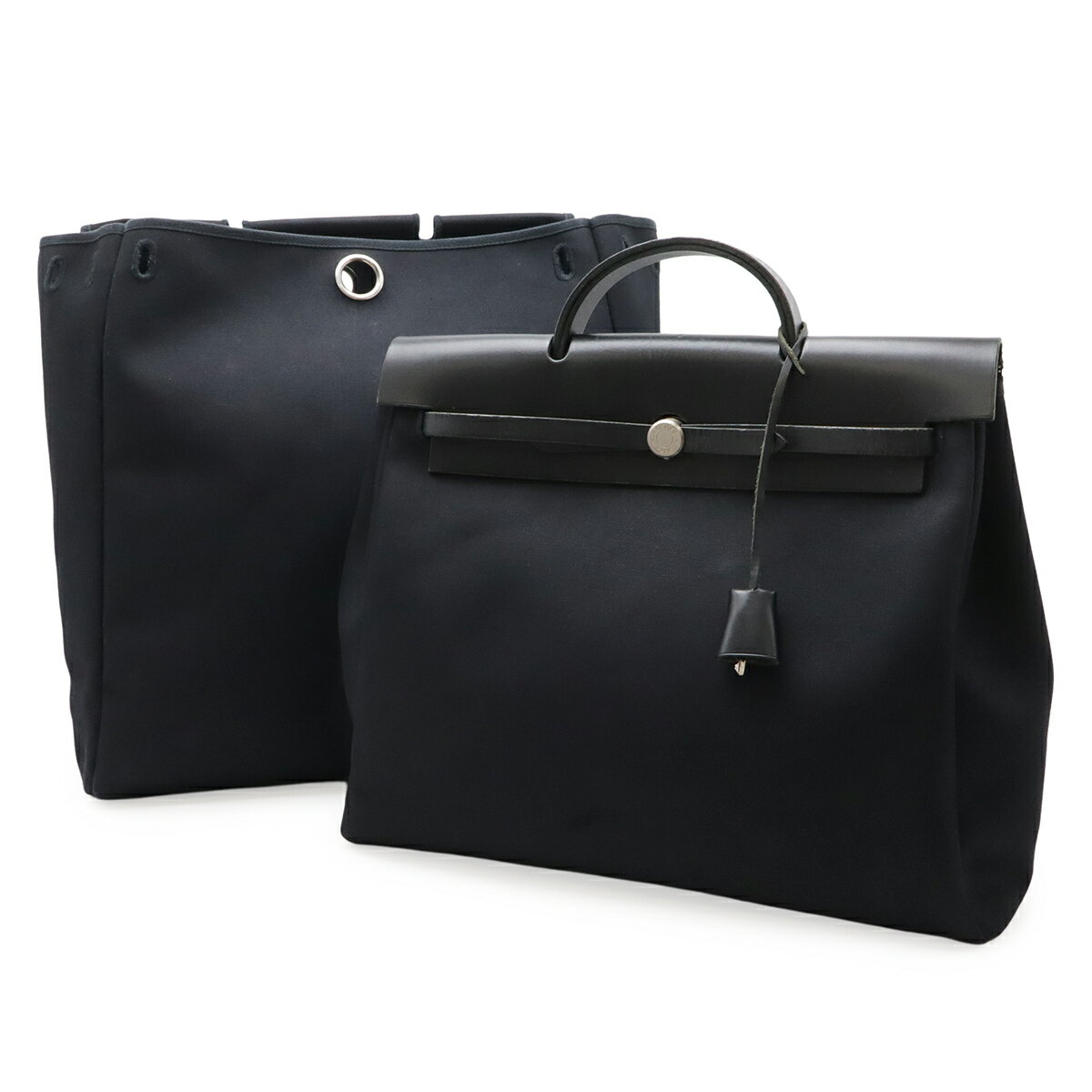 Rakuten - HERMES エルメス エールバッグMM ハンドバッグ トワルオフィシエ キャンバス レザー ブラック 黒 ショルダーストラップ欠品 □E刻印 【中古】