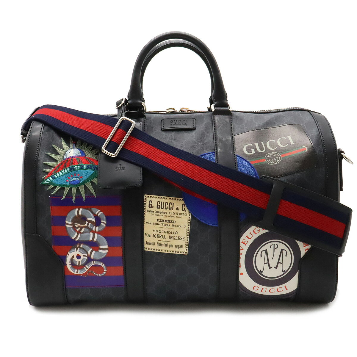 【バッグ】GUCCI グッチ GGスプリーム キャリーオン ダッフルバッグ 2WAY ボストンバッグ 旅行 トラベルバッグ 刺繍 ワッペン PVC ブラック 黒 474131 【中古】