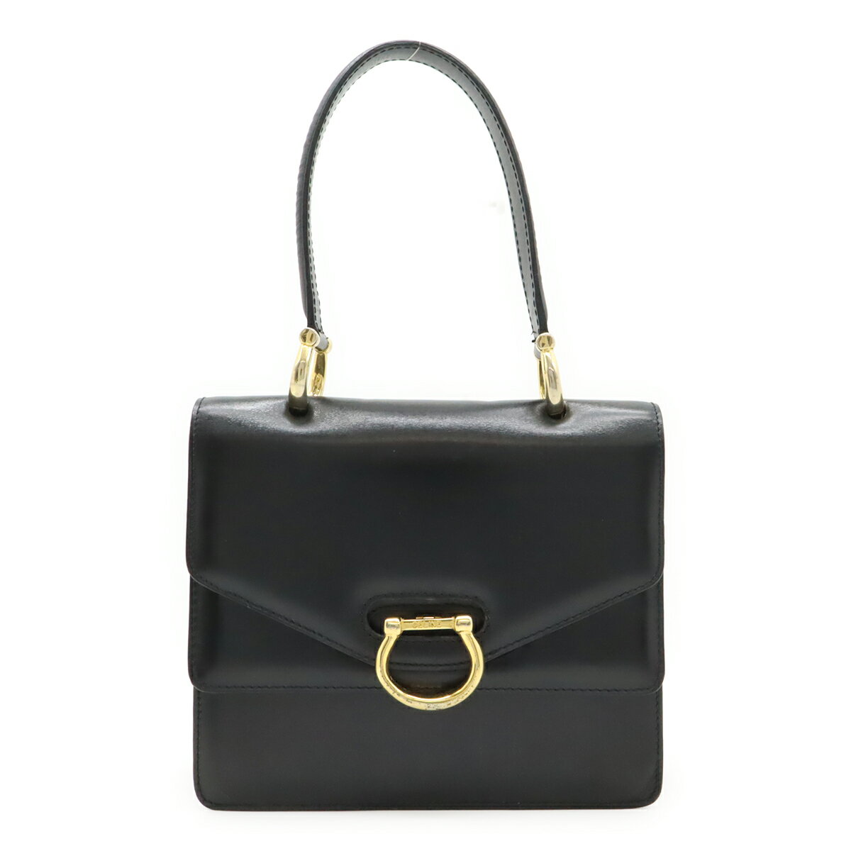 CELINE - CELINE セリーヌ ガンチーニ Wフラップ ハンドバッグ レザー ブラック 黒 ゴールド金具 【中古】