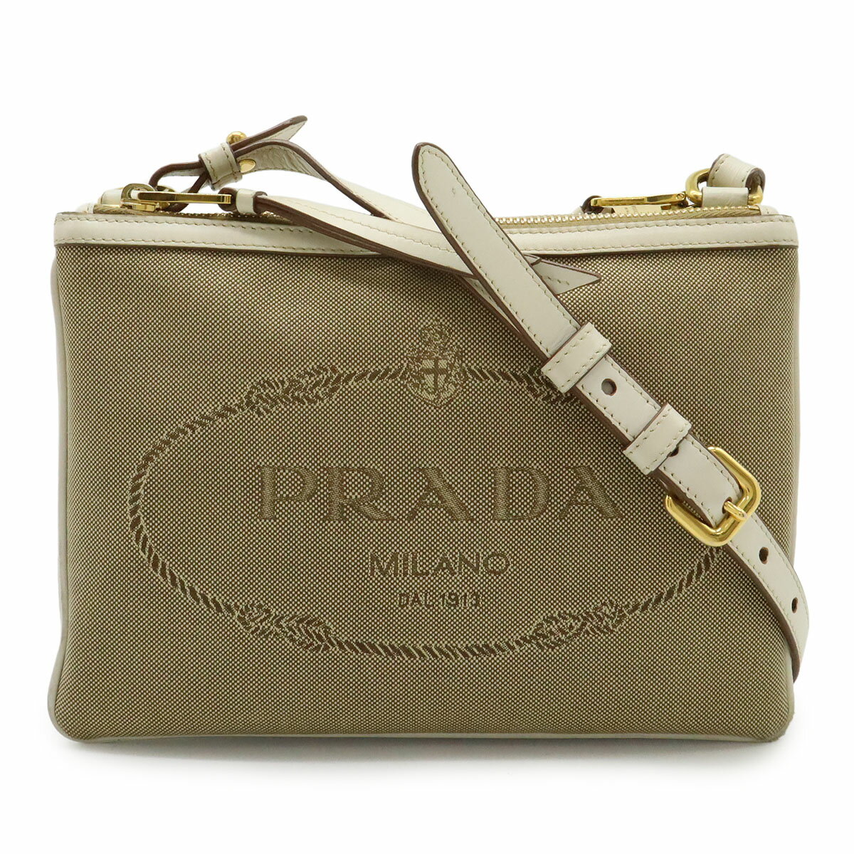 PRADA プラダ ロゴジャガード ショルダーバッグ ポシェット 2WAY クラッチバッグ レザー カーキベージュ ゴールド金具 1BH046 【中古】