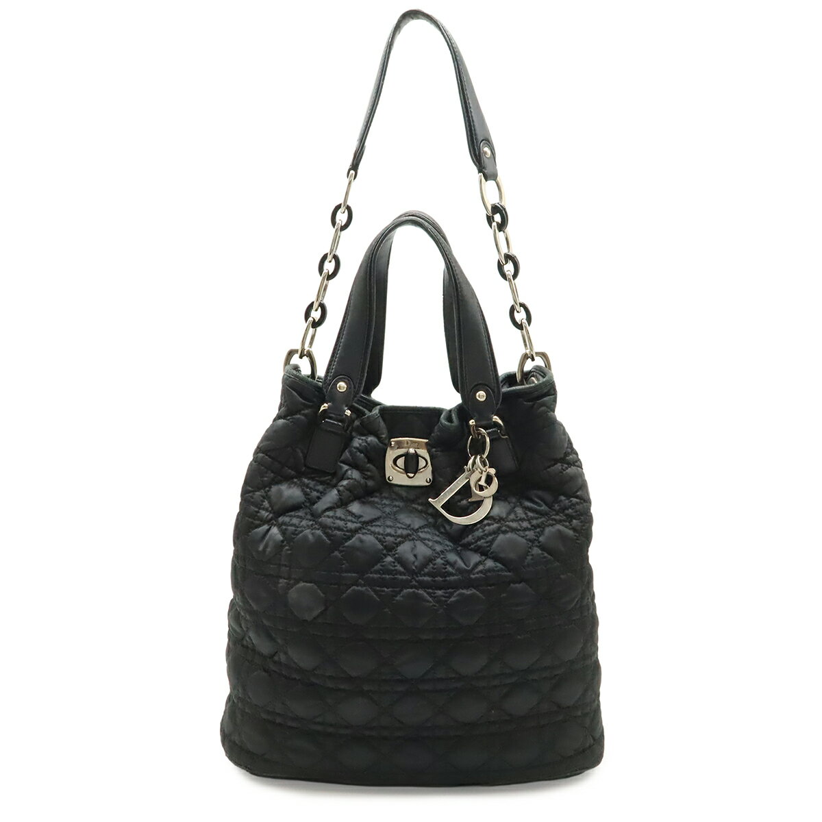 Christian Dior クリスチャン ディオール カナージュ トートバッグ 2WAY チェーンショルダー ショルダーバッグ レザー ブラック 黒 シルバー金具 【中古】