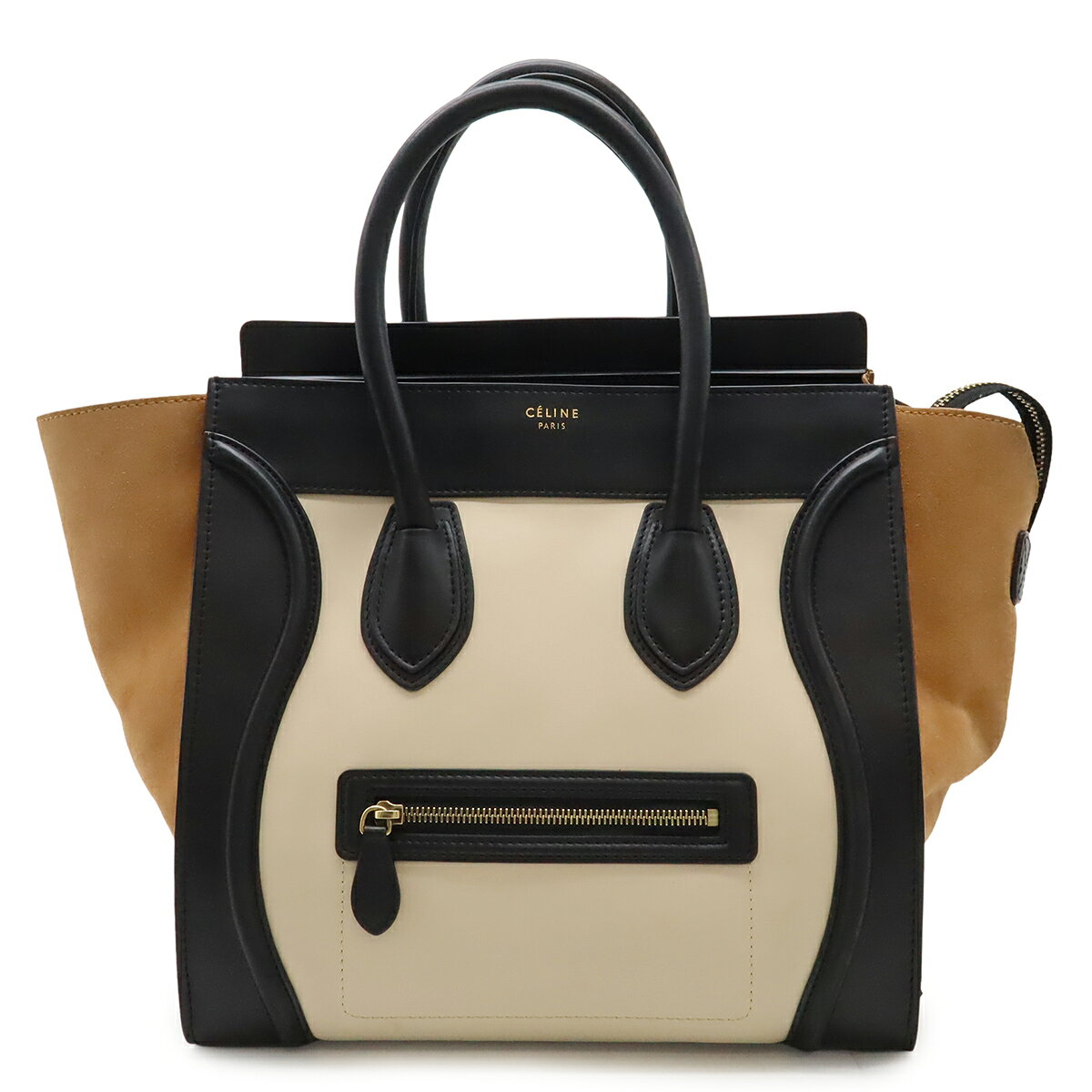 CELINE - CELINE セリーヌ ラゲージ ミニショッパー トートバッグ ハンドバッグ レザー スエード ブラック 黒 ベージュ ブラウン 茶 ゴールド金具 165213 【中古】