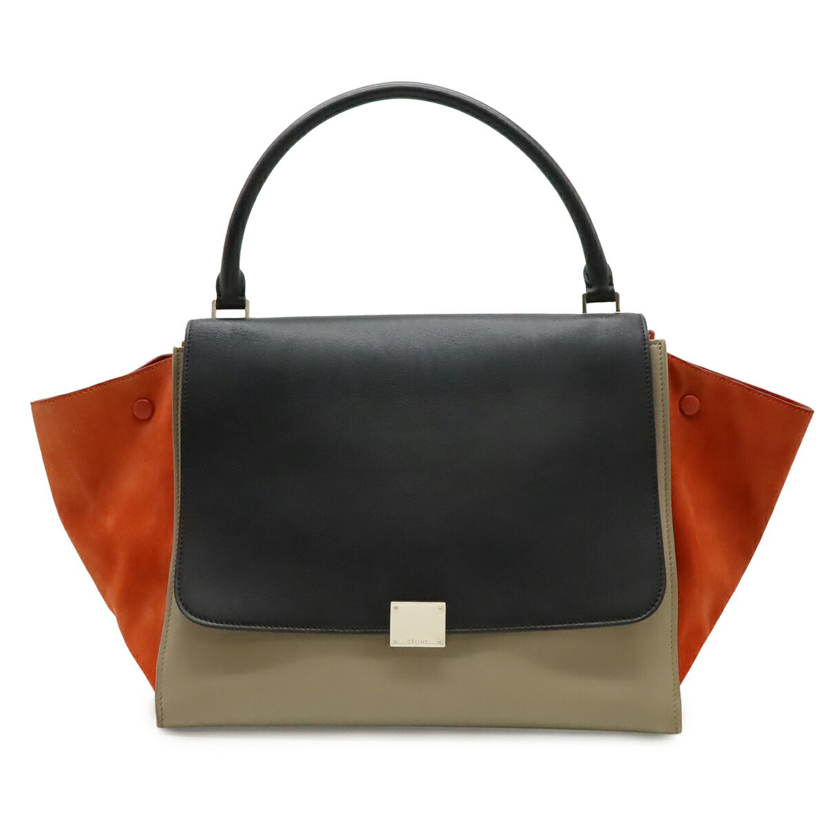 CELINE - CELINE セリーヌ トラペーズ ミディアム ハンドバッグ ワンハンドル トリコロール レザー スエード グレージュ ブラック 黒 ポピーレッド 169543 【中古】