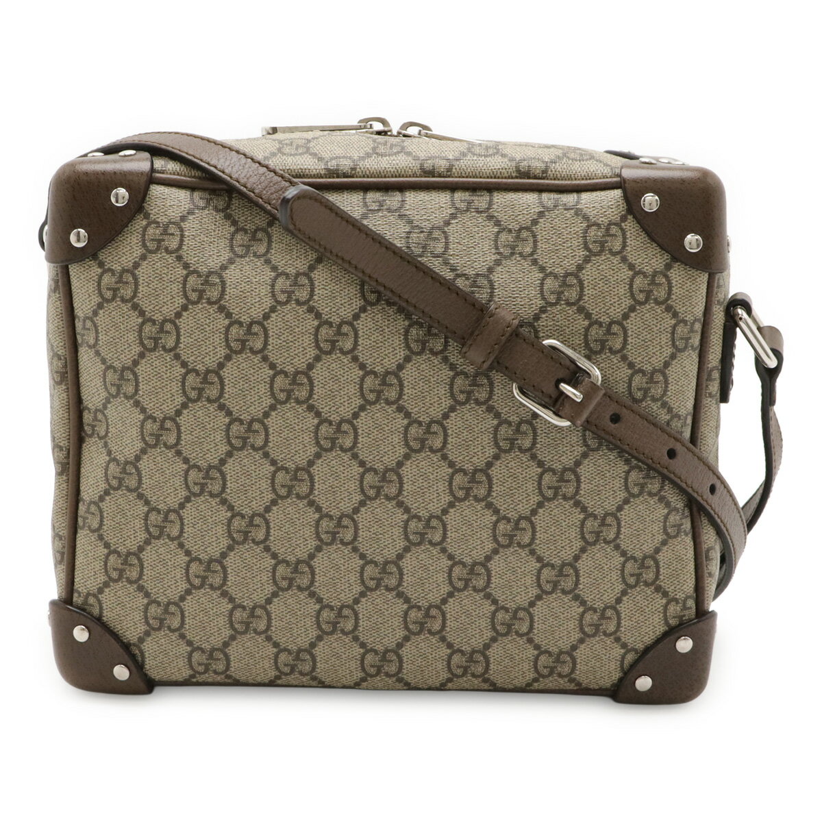 GUCCI グッチ GGスプリーム ショルダーバッグ 斜め掛け PVC レザー スタッズ ベージュ 茶 ダークブラウン シルバー金具 201538 【中古】