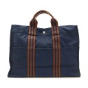 HERMES エルメス フールトゥ トートMM トートバッグ ハンドバッグ キャンバス ネイビー 紺 ブラウン 茶 【中古】