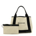 【バッグ】BALENCIAGA バレンシアガ ネイビーカバ S ロゴ トートバッグ ハンドバッグ キャンバス レザー ナチュラル 黒 ブラック ポーチ付き 339933 【中古】