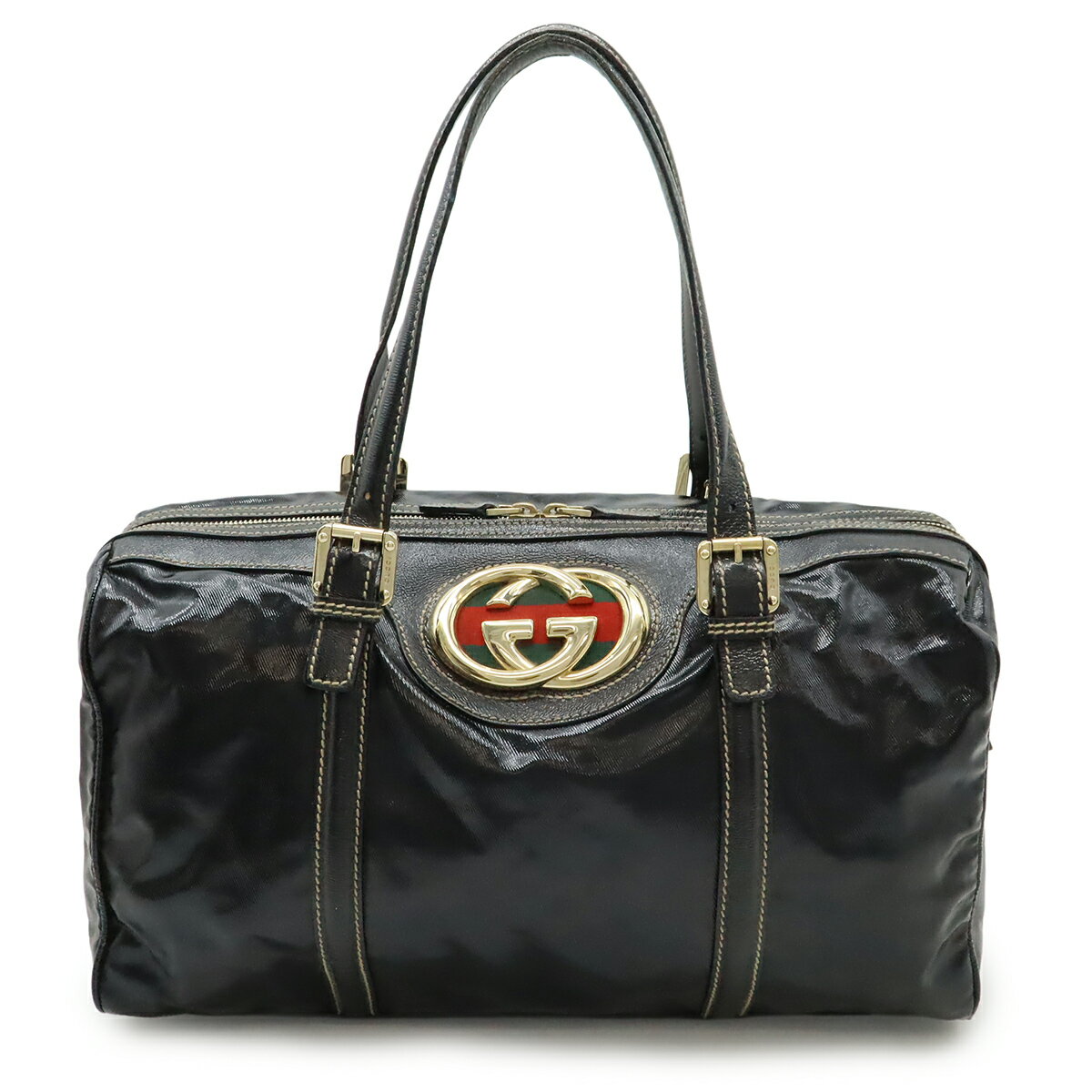 値下/大容量 グッチ ボストンバッグ シェリーライン 2way レザー ブラック グッチ シェリーライン GGキャンバス ハンド ボストンバッグ ブラック