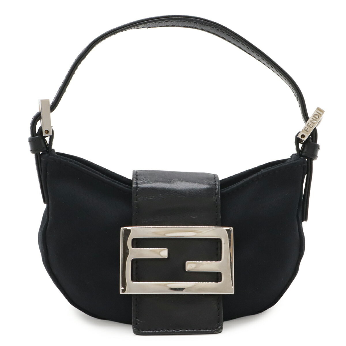 FENDI - FENDI フェンディ ミニクロワッサン ミニマンマ ポーチ マルチポーチ 小物入れ コットンジャージー レザー ブラック 黒 シルバー金具 26673 【中古】