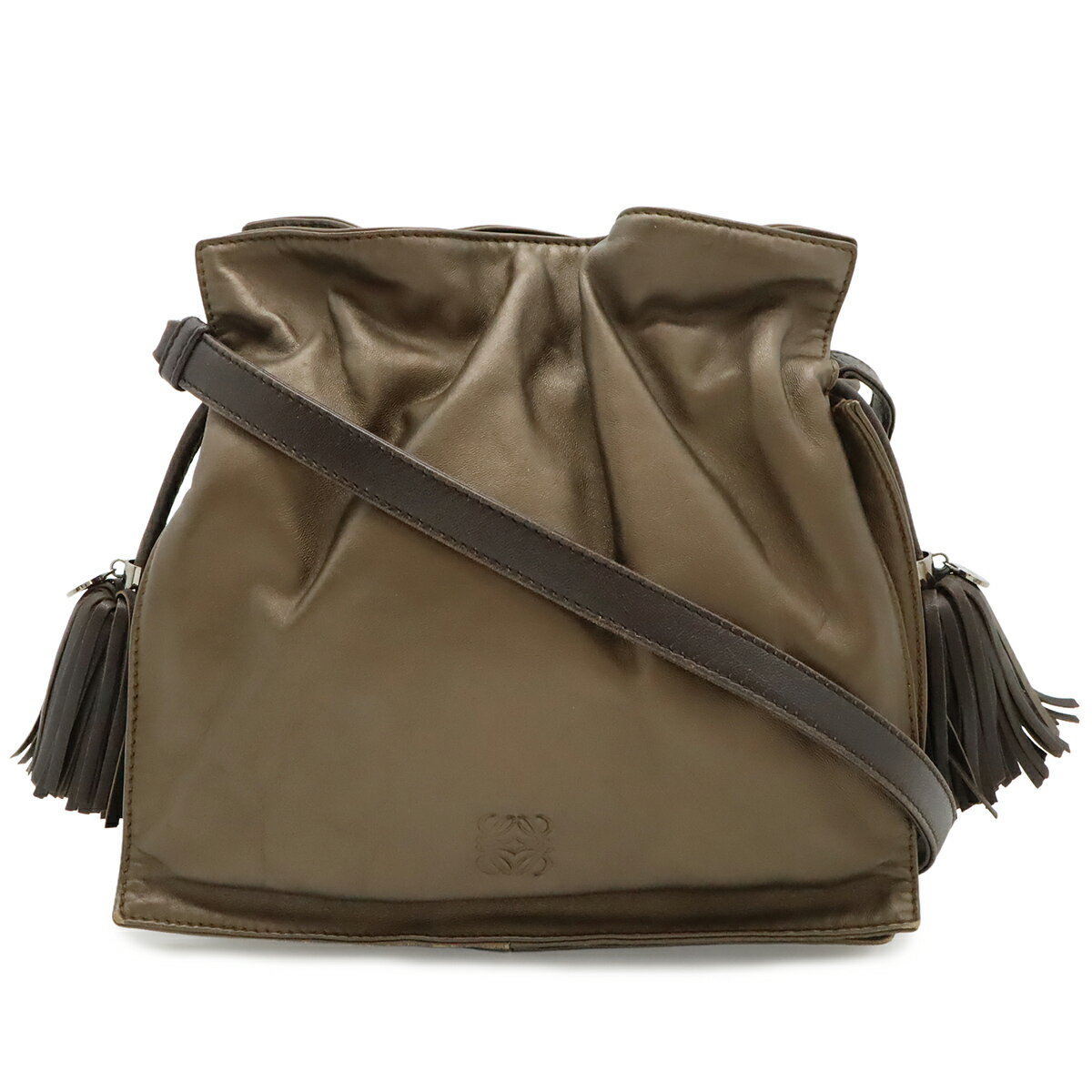 LOEWE ロエベ フラメンコ22 ショルダーバッグ ポシェット 斜め掛け 2WAY 巾着 フリンジ タッセル ナッパレザー メタリックブロンズ ダークブラウン 【中古】