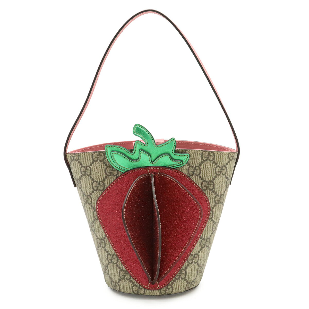 GUCCI - GUCCI グッチ チルドレンズ GGスプリーム キッズライン 3Dストロベリー イチゴ バケットバッグ ハンドバッグ PVC レザー ベージュ ピンク 630591 【中古】