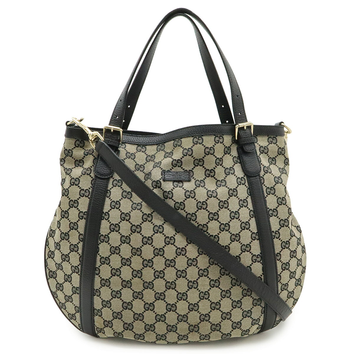 GUCCI グッチ GGキャンバス トートバッグ 2WAY ショルダーバッグ 斜め掛け レザー ベージュ ブラック 黒 ゴールド金具 アウトレット品 282535 【中古】