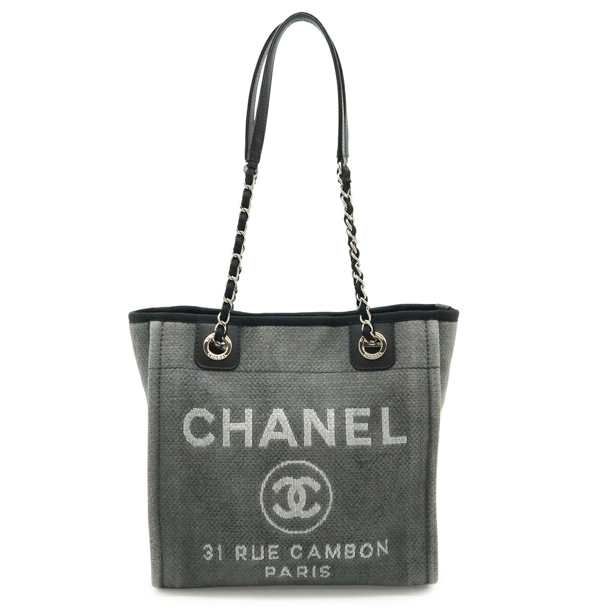CHANEL シャネル ドーヴィル トートバッグ ショルダーバッグ チェーンショルダー キャンバス レザー グレー ブラック 黒 A66939 【中古】