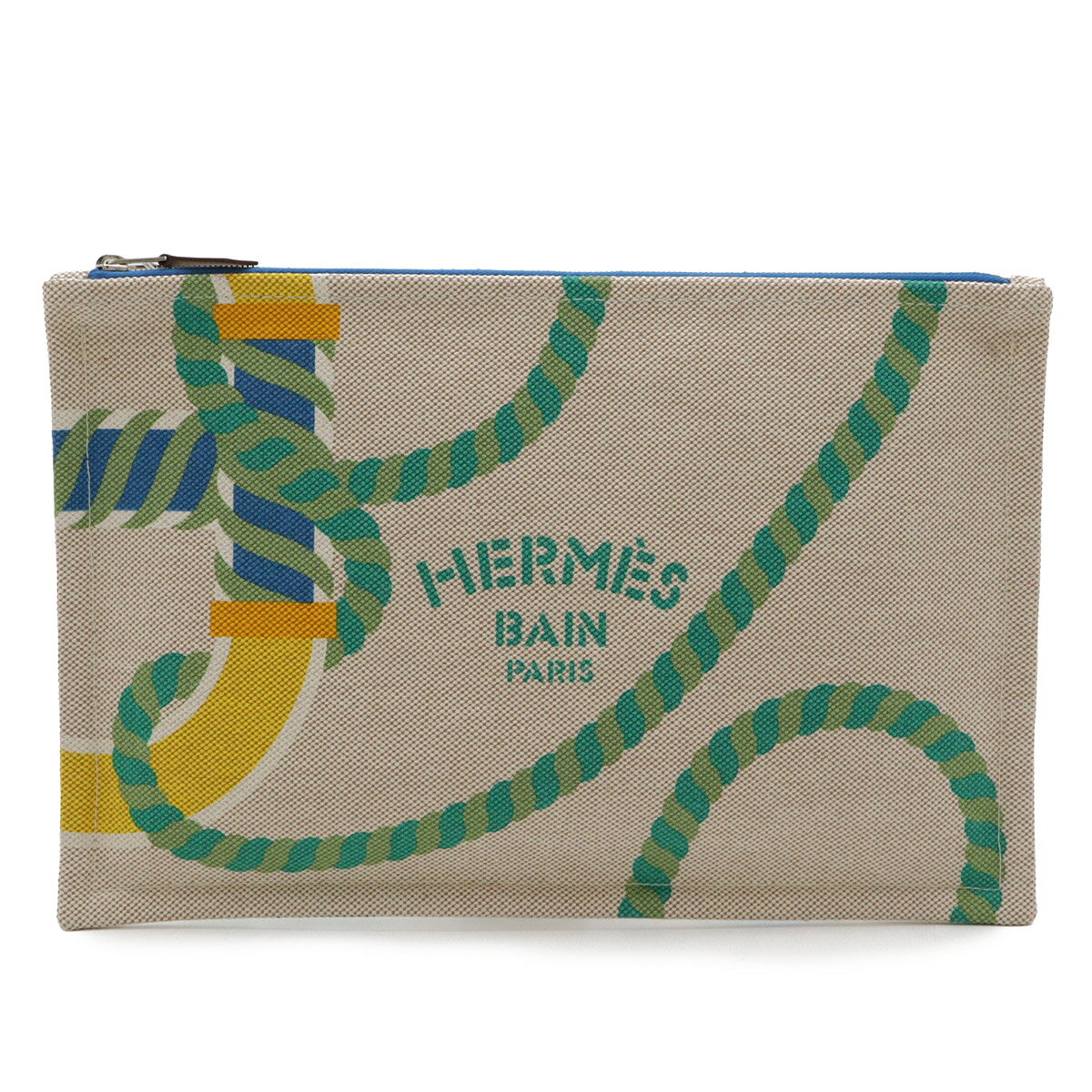 HERMES エルメス カノエH ヨッティング GM フラットポーチ 化粧ポーチ コスメポーチ 小物入れ クラッチバッグ コットン レザー ビタミン ベージュ 【中古】