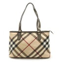 【バッグ】BURBERRY バーバリー ノバチェック チェック柄 トートバッグ ショルダーバッグ PVC メタリックレザー ベージュ カーキゴールド ポーチ付き 【中古】