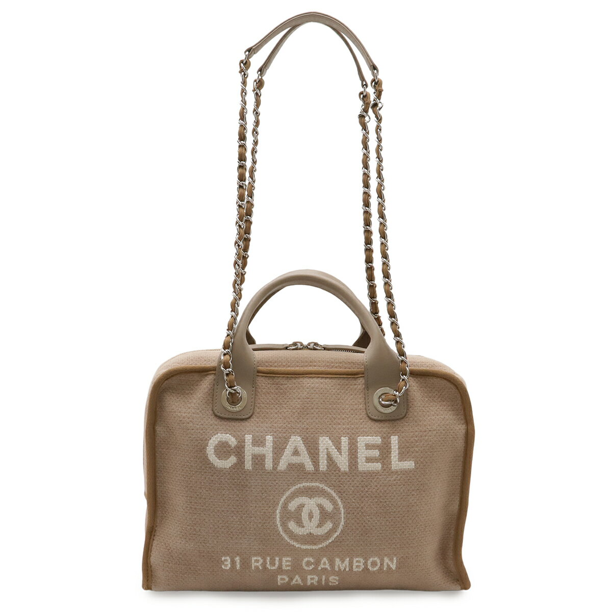 乐天商城 - CHANEL シャネル ドーヴィル ボーリングバッグ ハンドバッグ 2WAY チェーンショルダーバッグ キャンバス ブラウンベージュ シルバー金具 A92749 【中古】