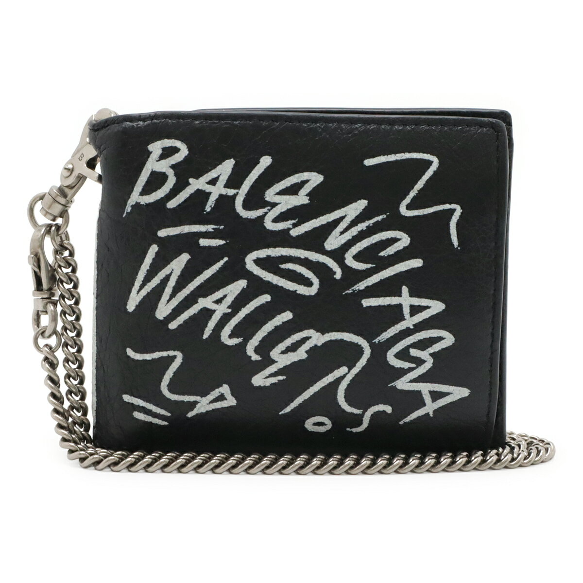 B, C, D, G, J, L, S, T, Z - BALENCIAGA バレンシアガ グラフィティ エクスプローラー スクエア コイン チェーンウォレット 2つ折財布 二つ折り財布 レザー ブラック 黒 504934 【中古】