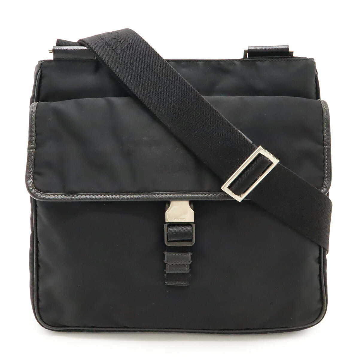 Rakuten - PRADA プラダ ロゴジャガード トライアングルロゴ ショルダーバッグ メッセンジャーバッグ ナイロン レザー NERO 黒 ブラック シルバー金具 VA0269 【中古】