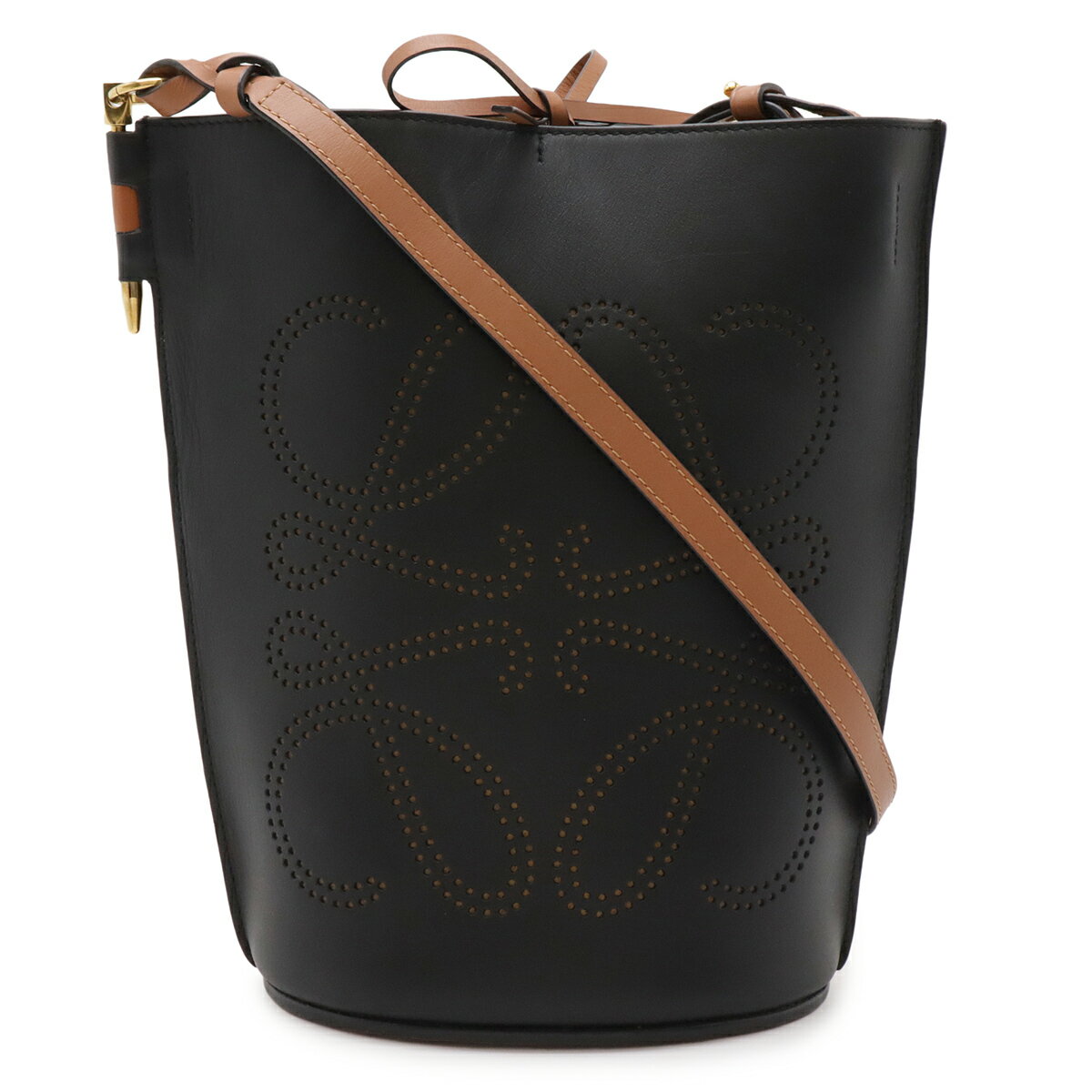 Rakuten - LOEWE ロエベ アナグラム ゲートバケット ロゴ パンチング ショルダーバッグ 斜め掛け レザー ブラック 黒 ブラウン 茶 ゴールド金具 30922BZ57 【中古】