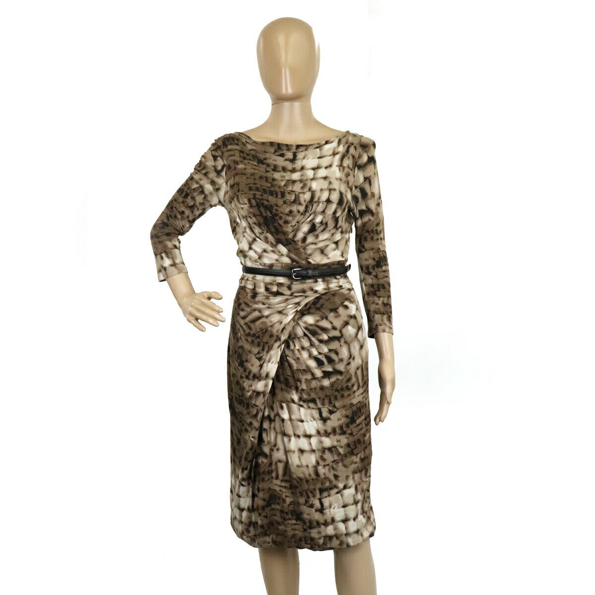 Max Mara マックス マーラ ワンピース 七分袖 ベルト付 総柄 ストレッチ レーヨン グレージュ系マルチカラー #38 クリーニング済 【中古】