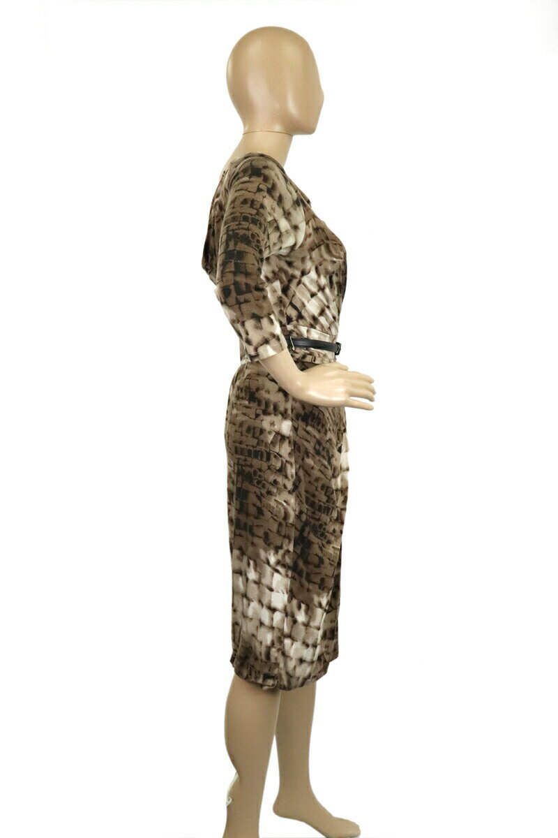 Max Mara マックス マーラ ワンピース 七分袖 ベルト付 総柄 ストレッチ レーヨン グレージュ系マルチカラー #38 クリーニング済 【中古】