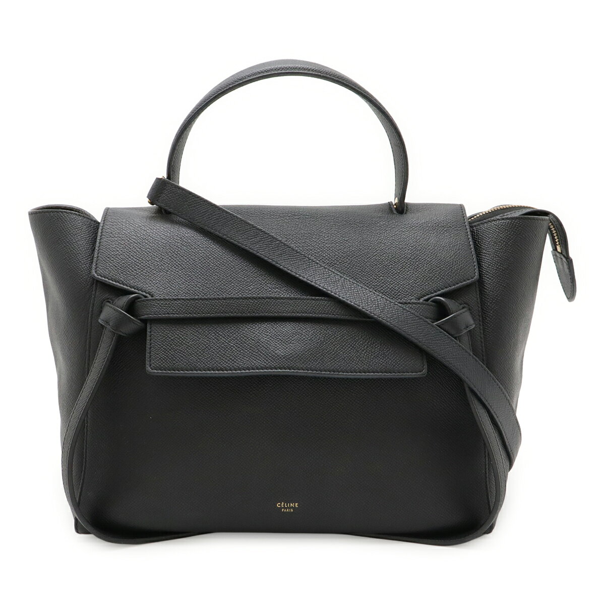 CELINE セリーヌ ベルトバッグ ミニ ハンドバッグ 2WAY ショルダーバッグ セミショルダー 肩掛け レザー ブラック 黒 ゴールド金具 176103 【中古】