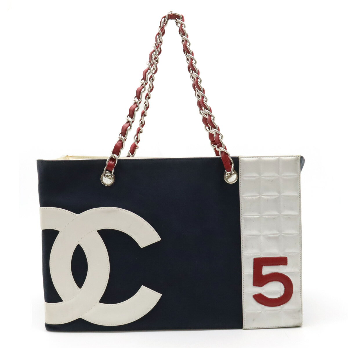 【バッグ】CHANEL シャネル ココマーク No.5 トートバッグ ショルダーバッグ チェーンショルダー キャンバス レザー ネイビー レッド シルバー A18644 【中古】