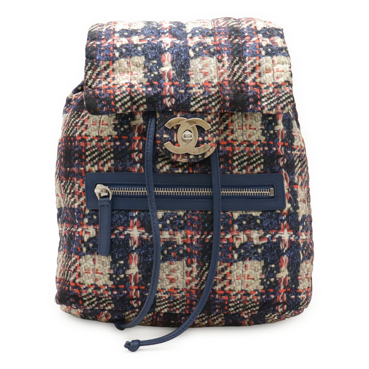 CHANEL シャネル ツイードプリント ココマーク チェーンショルダー リュックサック バックパック ナイロン ブルー ピンク シルバー金具 A66445 【中古】