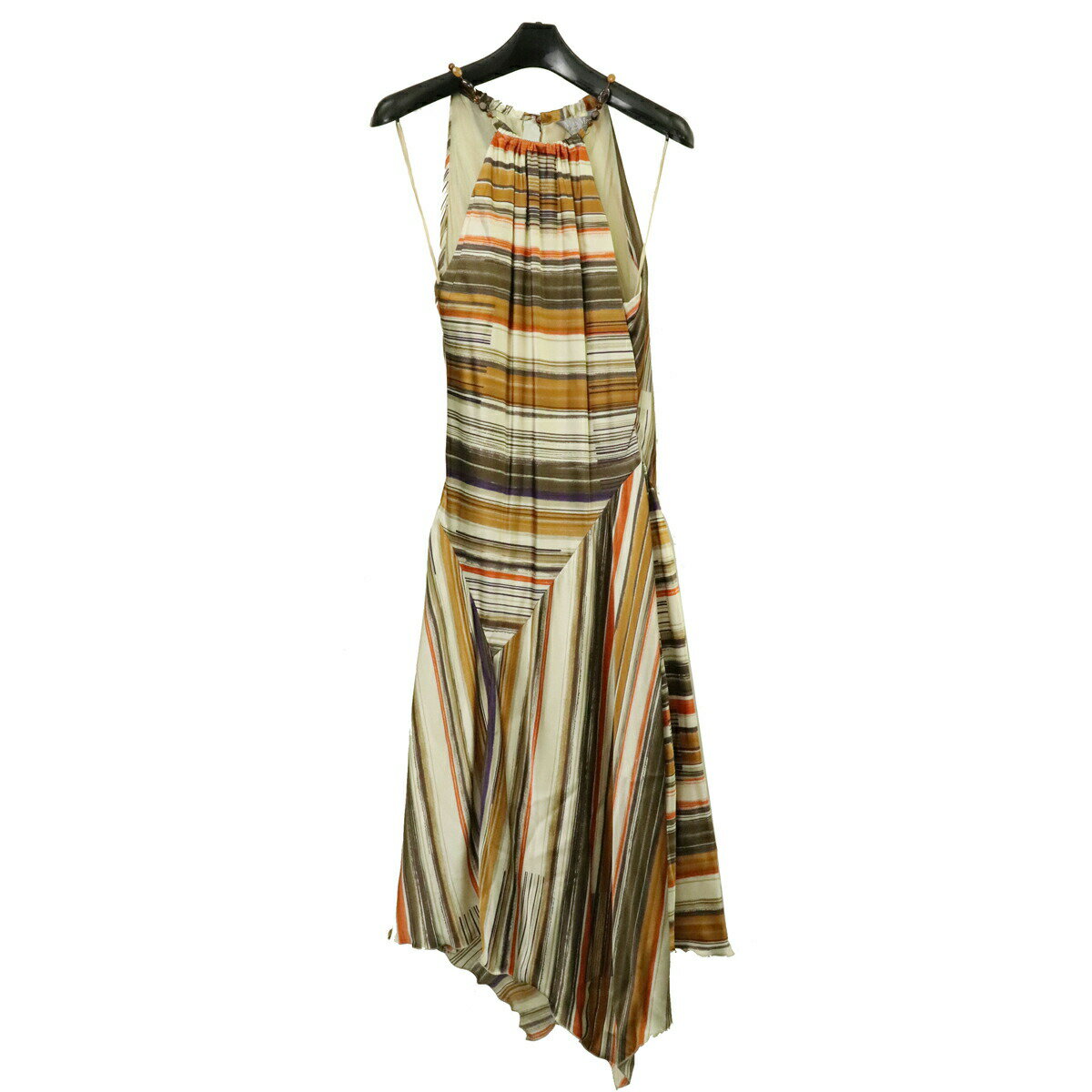 Max Mara マックス マーラ ワンピース アシンメトリー ボーダー 総柄 シルク100% ストーン オレンジ ベージュ マルチカラー #48 【中古】